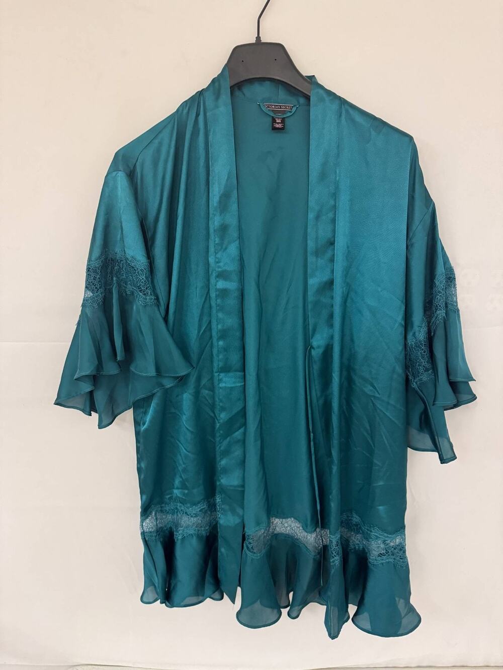 Victoria's Secret Satin Robe XS/S Teal Green Lace Trim Flutter Sleeve Kimono